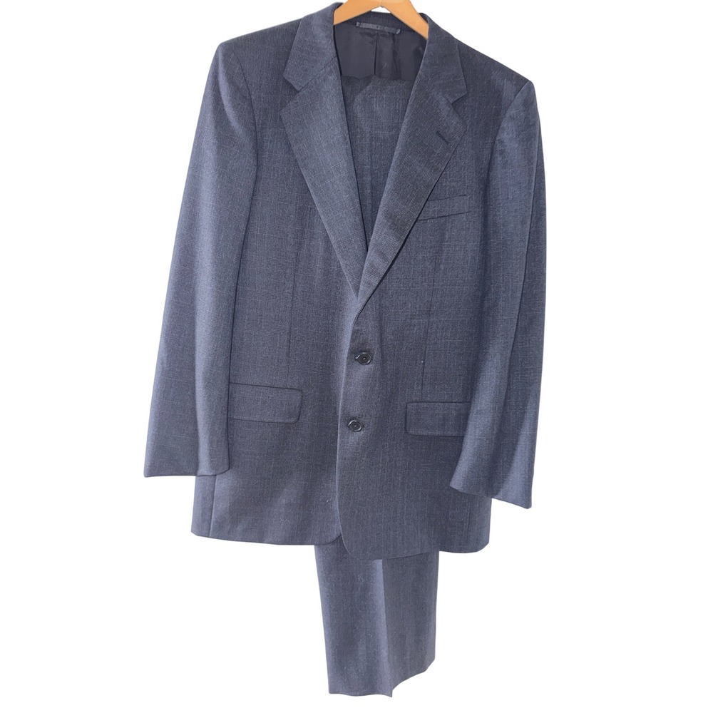 Vintage Hickey Freeman Boardroom Wool Suit 42R 33x30 Gray Blue Windowpane